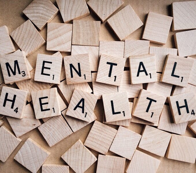 Mental health, Wooden tiles, Scrabble pieces image.